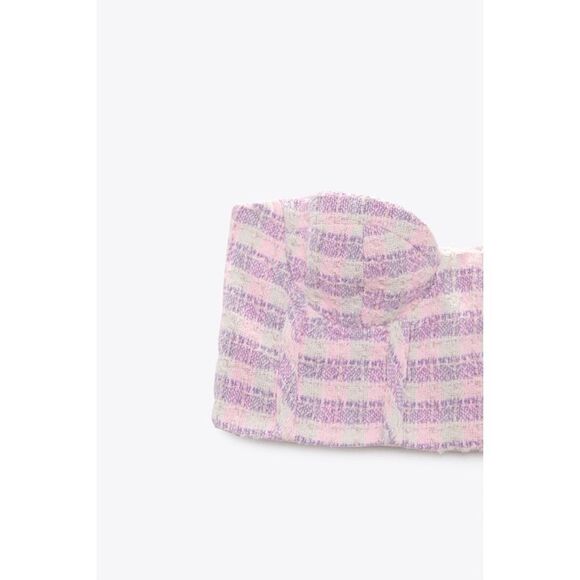 NWT Zara Pink Purple White Plaid Tweed Textured Corset Crop Top, Small - Picture 8 of 15